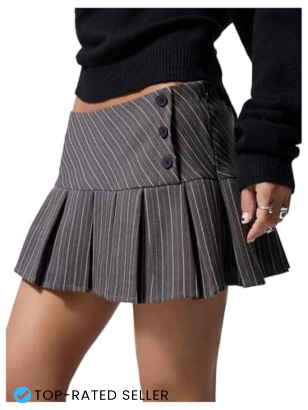 Striped Pleated Micro Mini Skirt Low Waist A-Line Button Side